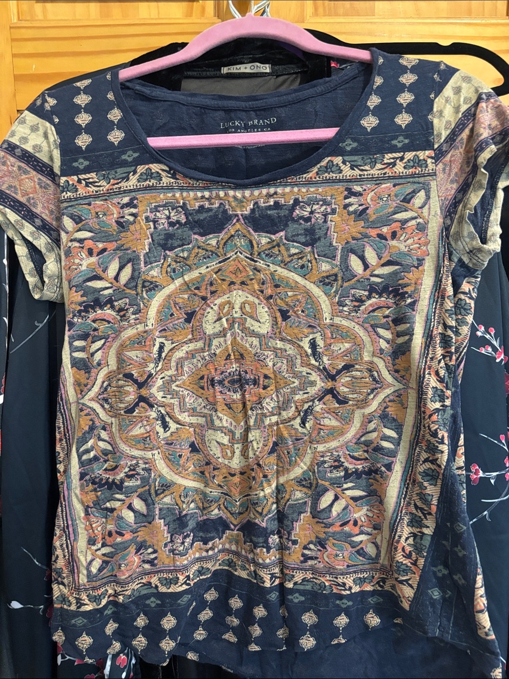 Lucky Brand Navy Multicolor Medallion Print Short Sleeve Tee